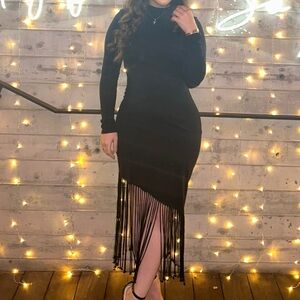 H&M Black Asymmetrical Fringe Midi Dress